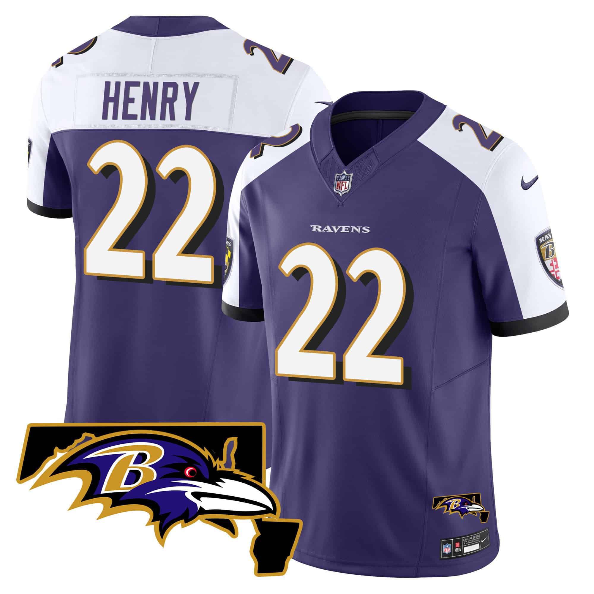 Men Baltimore Ravens #22 Henry Purple 2024 Nike Maryland Patch Vapor Limited NFL Jersey